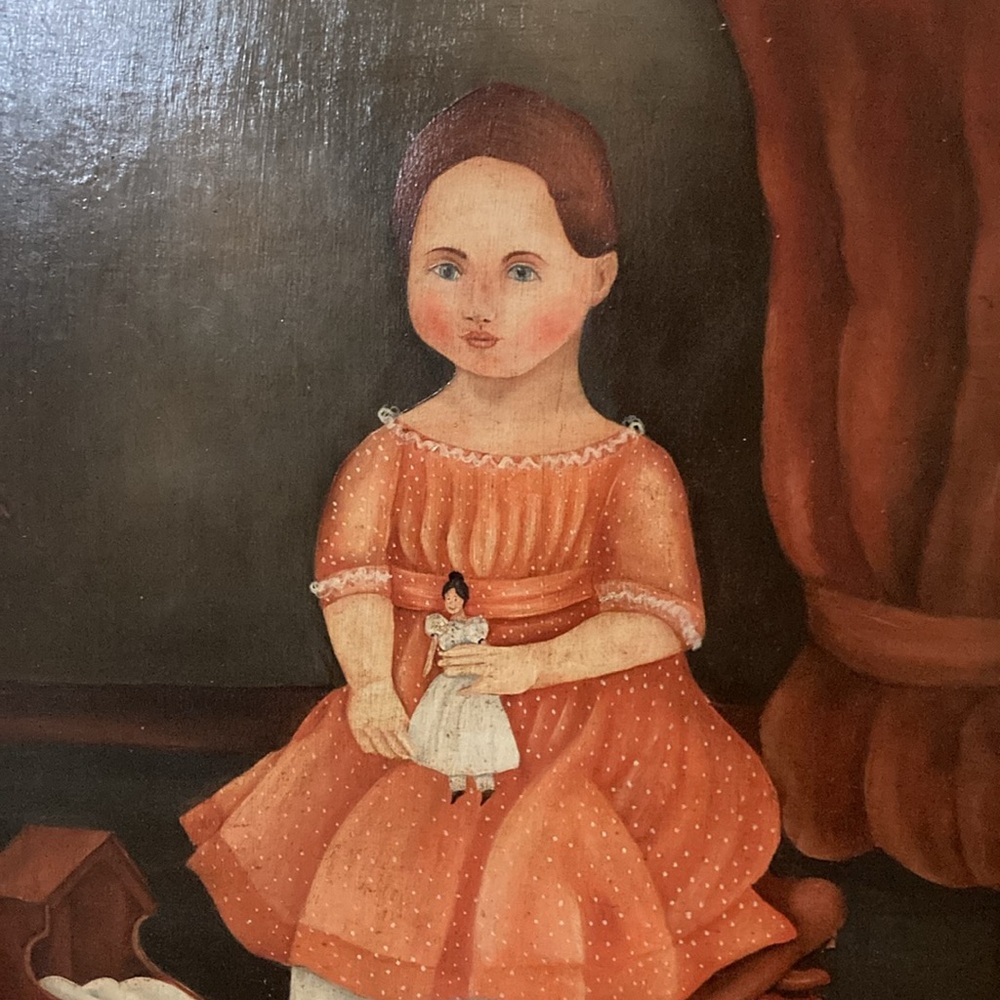 Vintage Style Girl with Doll Painting in Gold Frame - Picture 2 of 4